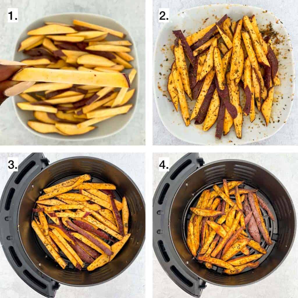 four visuals showing how to make sweet potato fries
