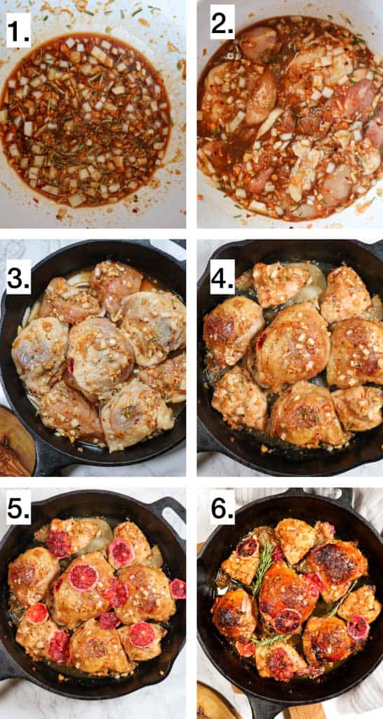 images to show how to make blood orange chicken first image is marinade in a bowl, second is chicken added to the marinade in a bowl, third is raw orange chicken in a cast iron skillet before cooking fourth image is chicken in the skillet halfway done cooking fifth image is orange slices added to chicken sixth image is fully baked orange chicken