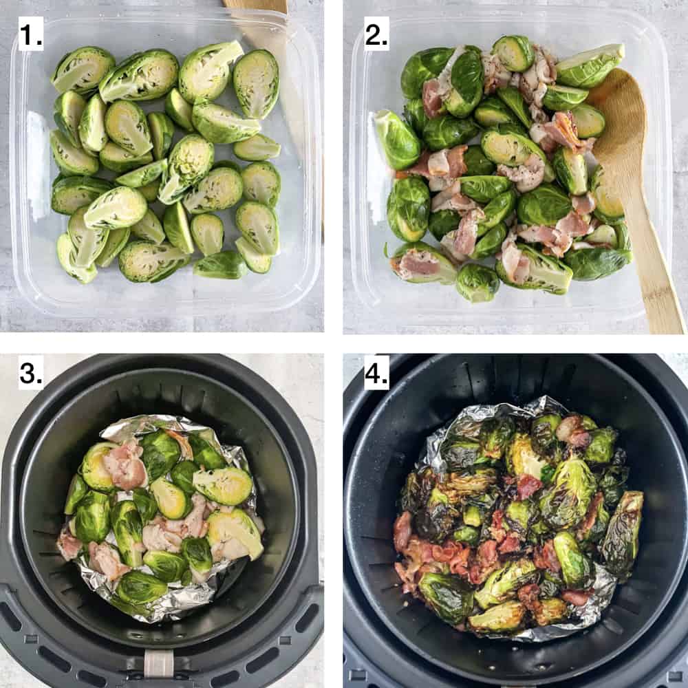 visual of 4 steps to make brussels sprouts in the air fryer