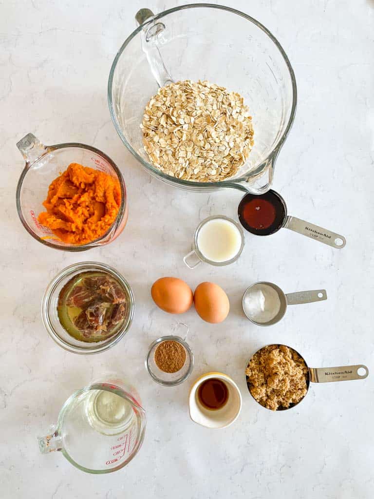 overhead view of the ingredients needed to make pumpkin muffins