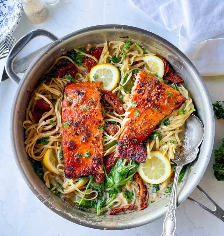 pasta with salmon in a large skillet