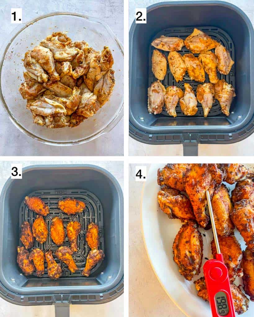 a four step visual of how to cook chicken wings in the air fryer