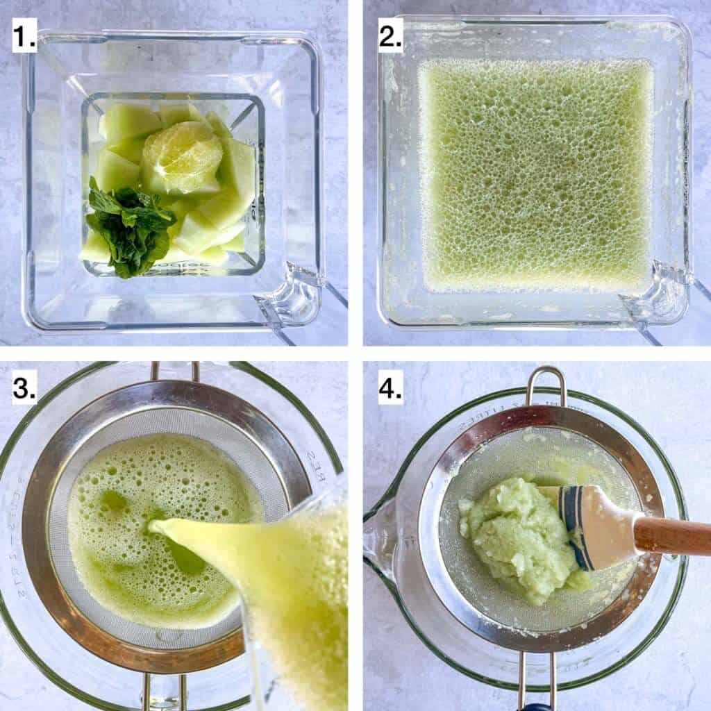 images to show how to make honeydew juice first top left image is honeydew lime and mint in the blender the top right photo is blended honeydew juice the bottom left is the juice being poured into a mesh strainer over a bowl the last photo is a spatula on the honeydew juice pulp in a mesh strainer over a large bowl