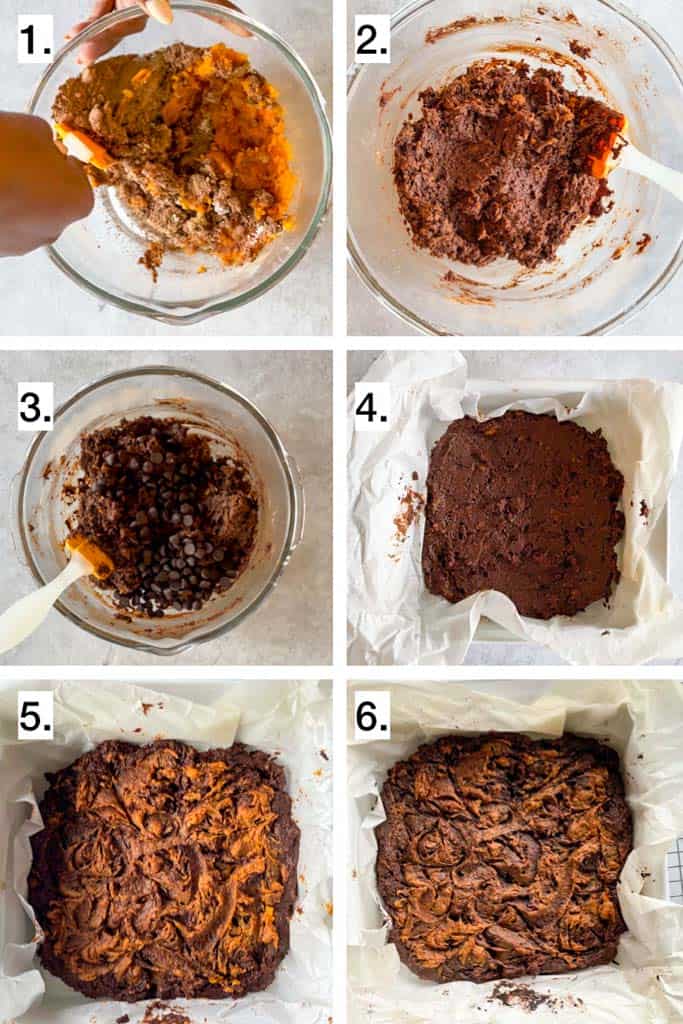 6 photos illustrating how to make sweet potato brownies
