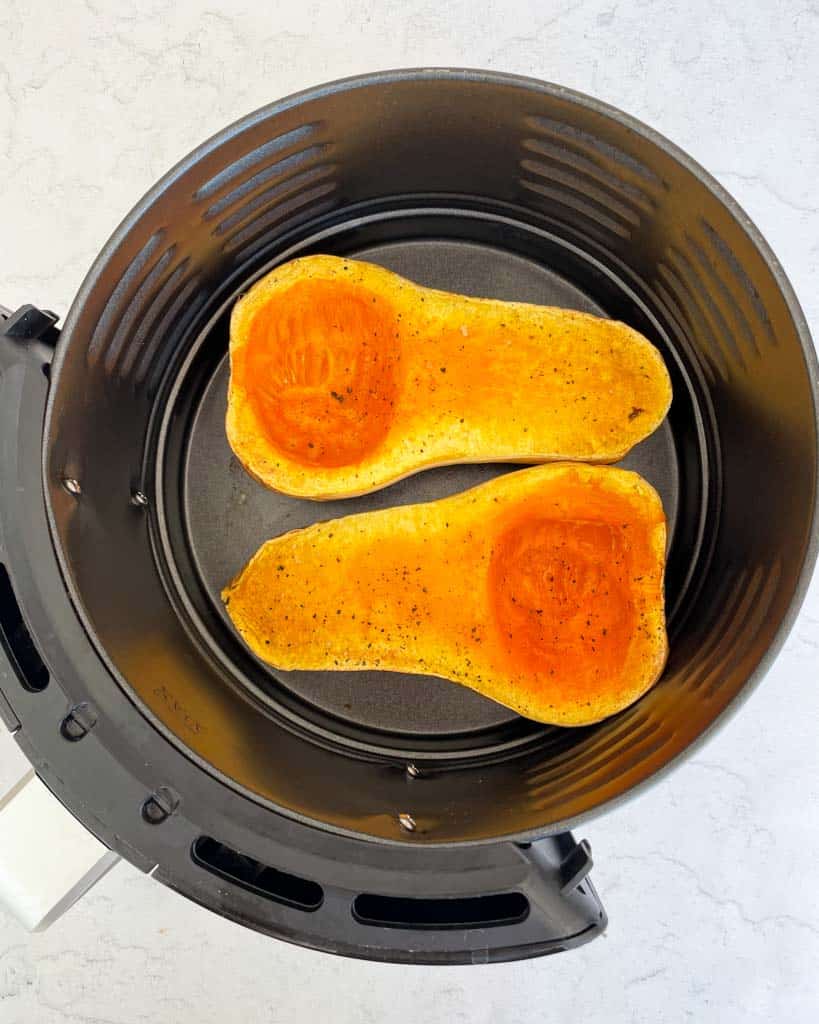 butternut squash in the air fryer skin side down halfway done cooking