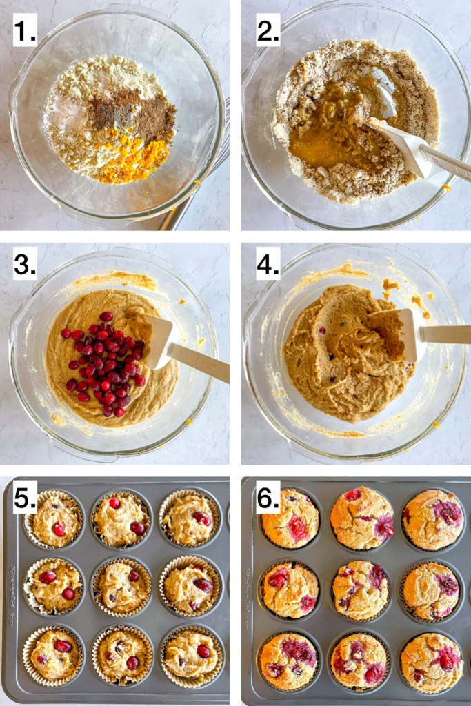 a 6 step visual for how to make orange cranberry muffins