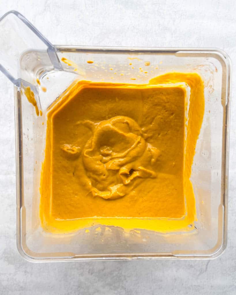 vegetable pasta sauce made in a blender shown overhead in the blender after blending
