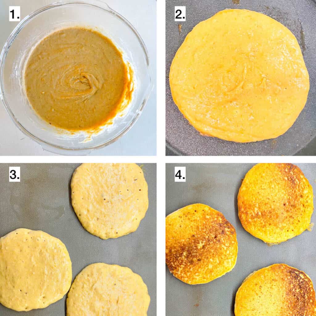 a 4 step visualization of how to make sweet potato pancakes
