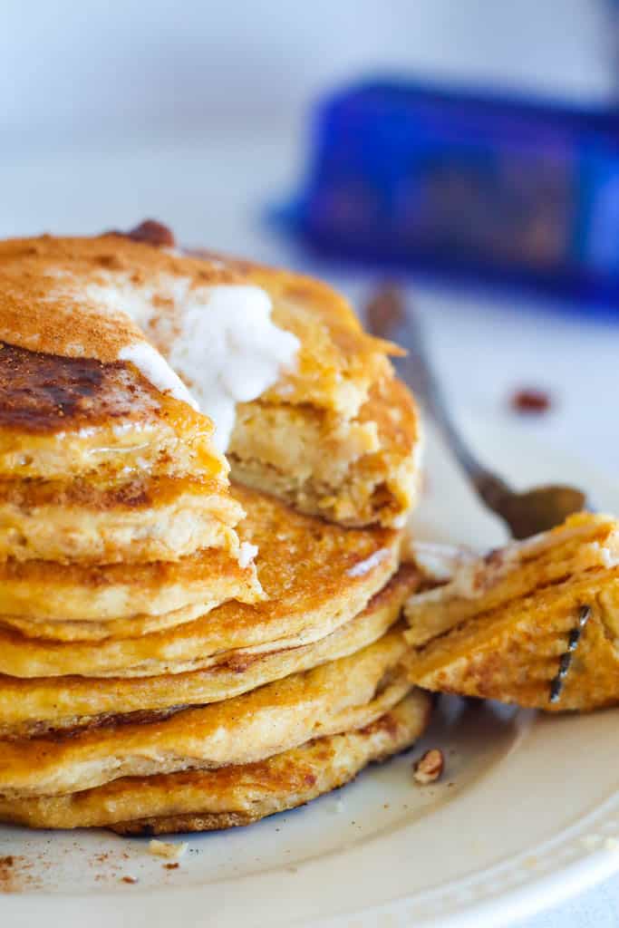 a stack of plated pancakes