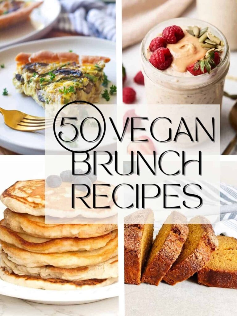 four images of vegan brunch ideas top left is a vegan quiche top right is overnight oats in a mason jar bottom left is a stack of pancakes bottom right is sweet potato bread slices there is text over the photo that reads 50 vegan brunch recipes