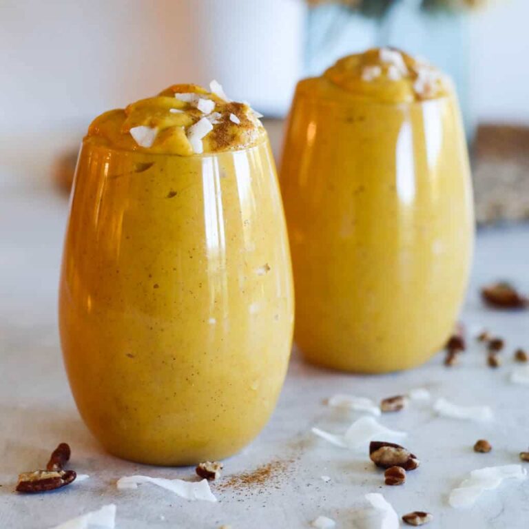 two healthy sweet potato smoothies in glasses