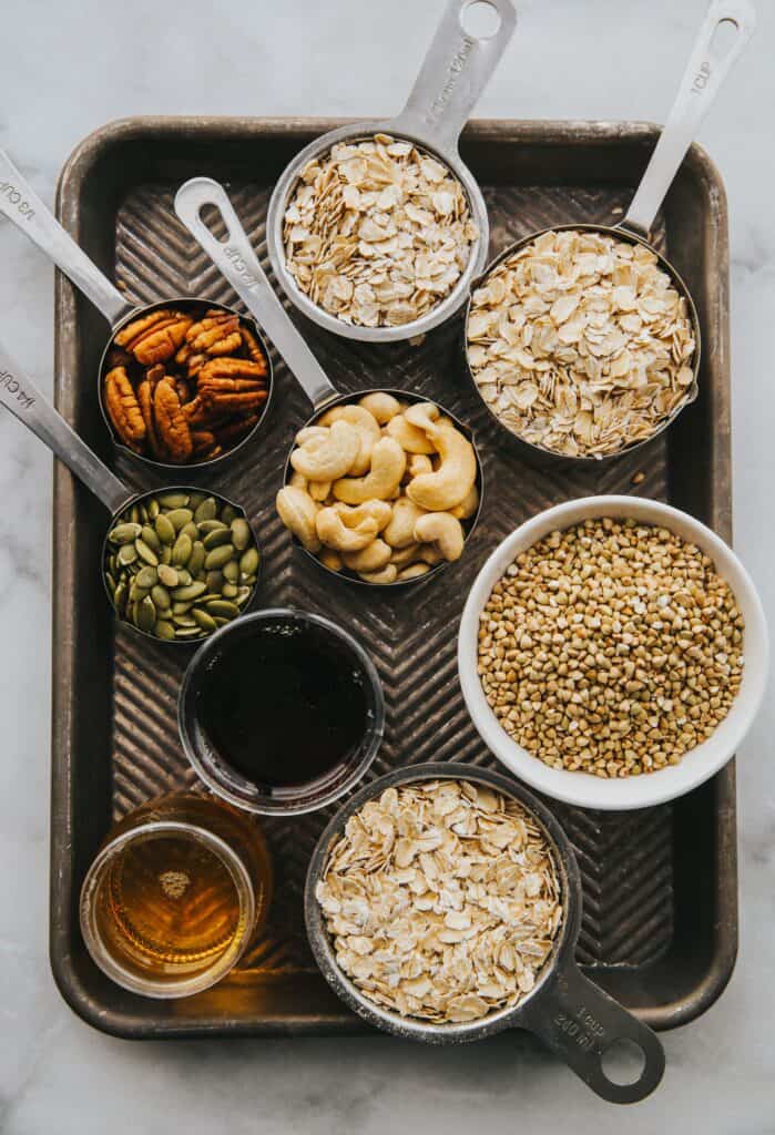 overhead view of an array of measured gluten-free ingredients