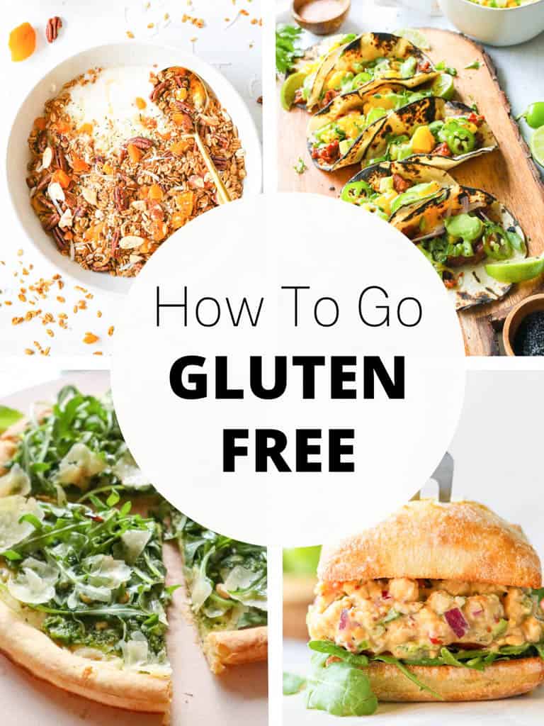 four images of gluten-free recipes with text stating "how to go gluten-free" at the center