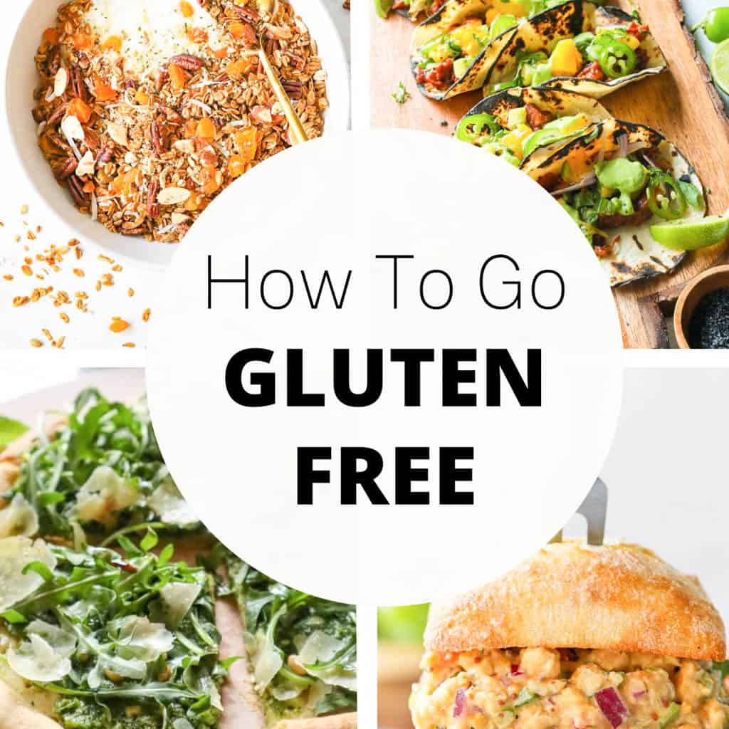 four images of gluten-free recipes with text stating "how to go gluten-free" at the center