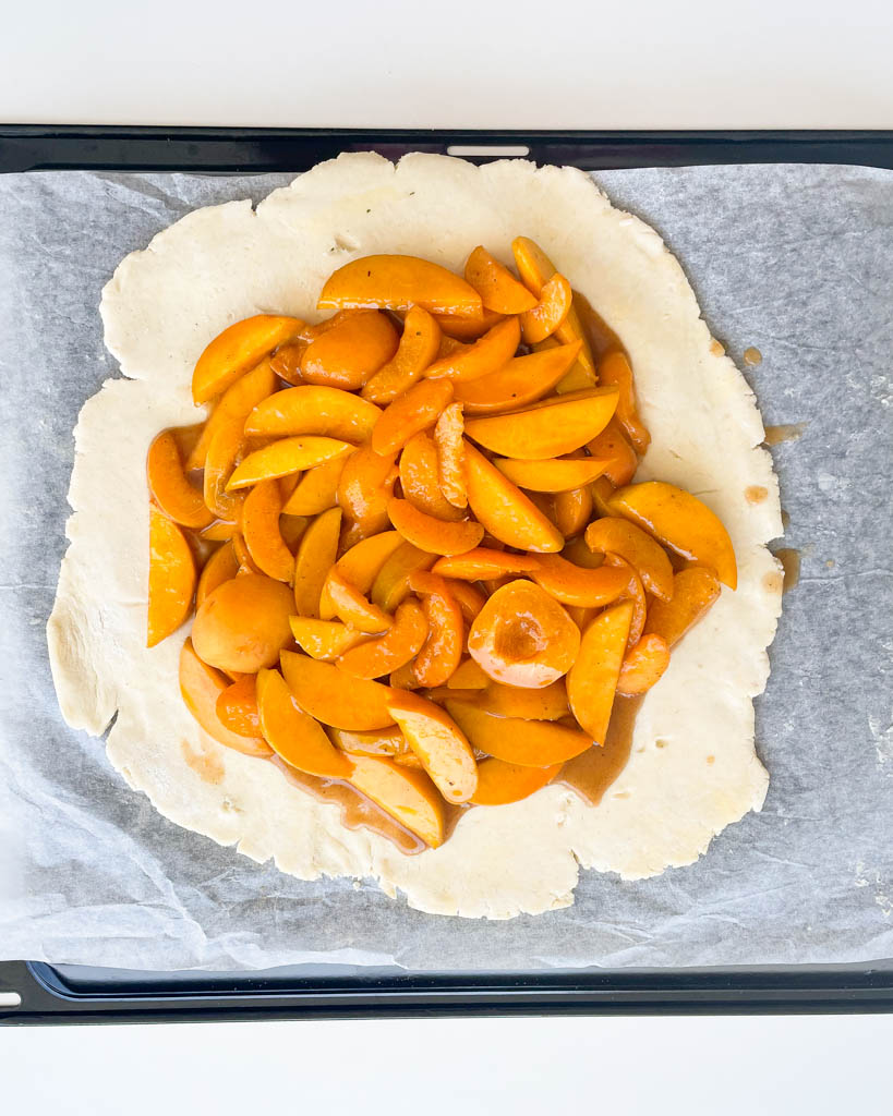 apricot filling placed on crust before baking