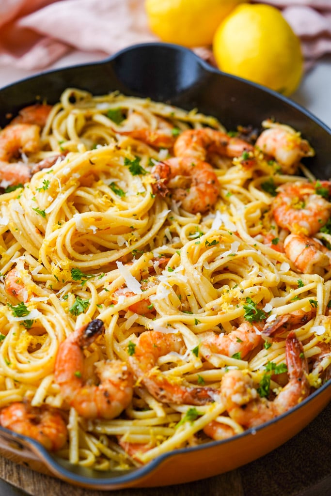 a pan full of lemon garlic pasta with shrimp