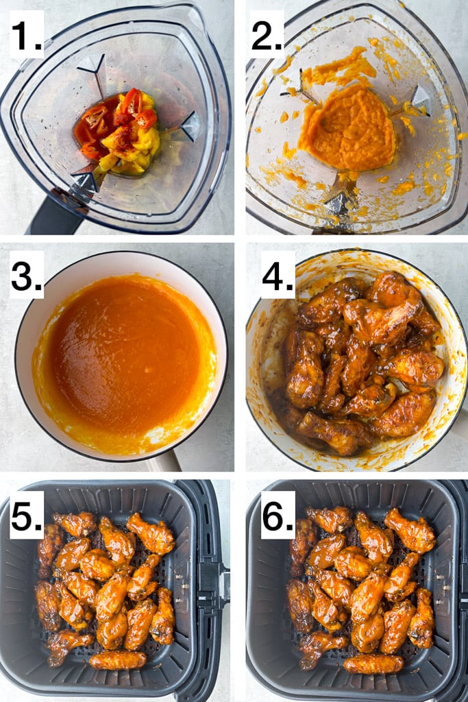 6 step visual showing how to make mango habanero wings
