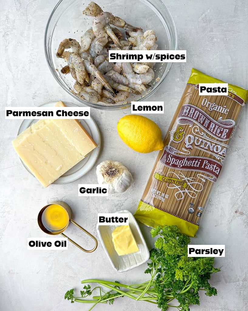 ingredients for lemon garlic pasta with shrimp