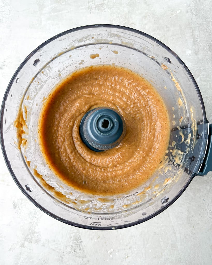 overhead view of date caramel sauce in a blender