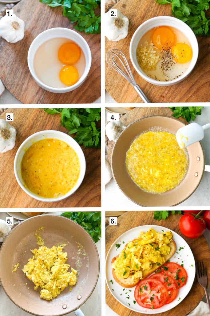 6 step visual showing how to cook scrambled duck eggs