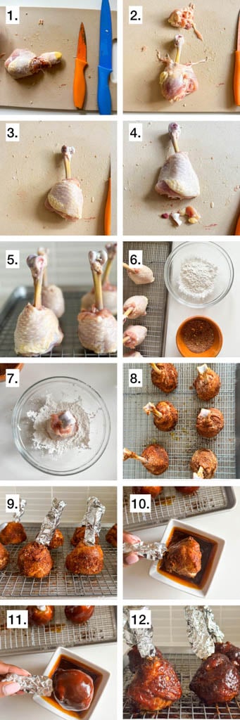 steps to show how to make oven baked barbecue chicken lollipop drumsticks