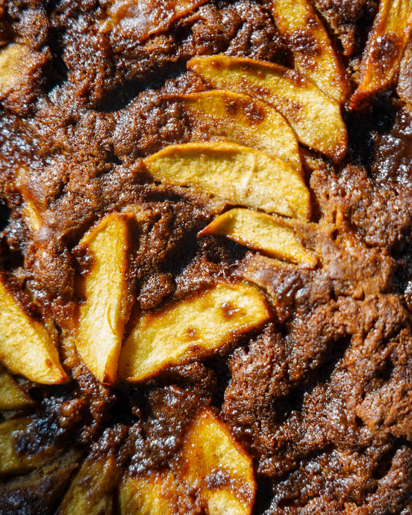 close up view of apple cake topping
