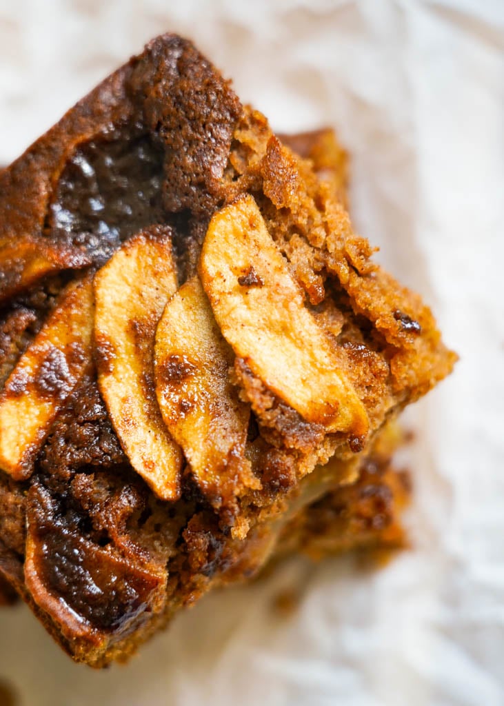 close up view of a slice of gluten free apple cake