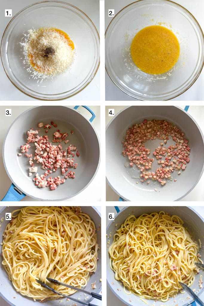 6 step visual showing how to make this carbonara recipe