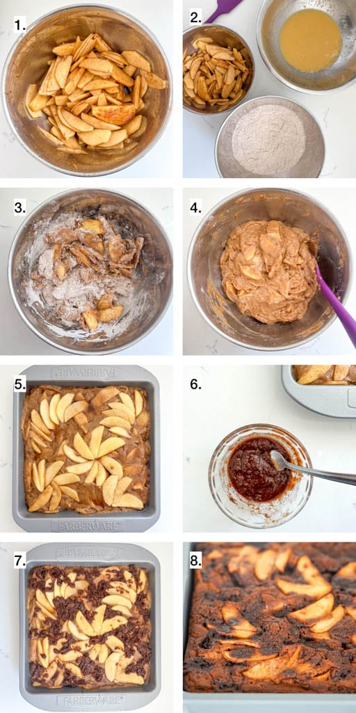 8 step visual showing how to make gluten free apple cake