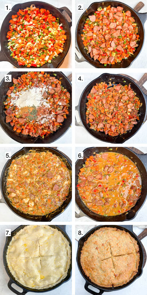 8 step visual showing how to make chicken pot pie