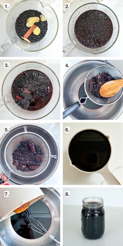 8 step visual showing how to make elderberry syrup