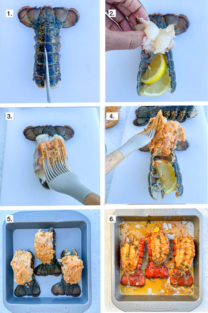 6 step visual showing how to make broiled lobster tails