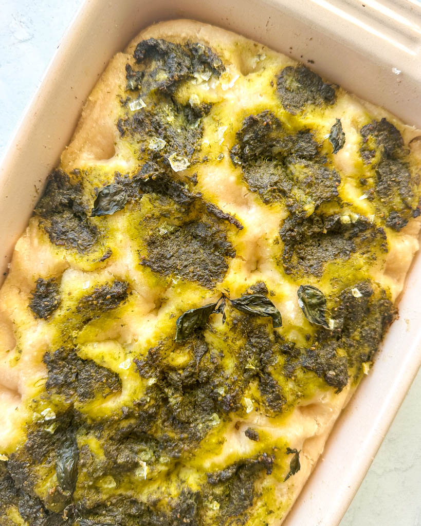 baked Gluten Free Focaccia in a baking dish