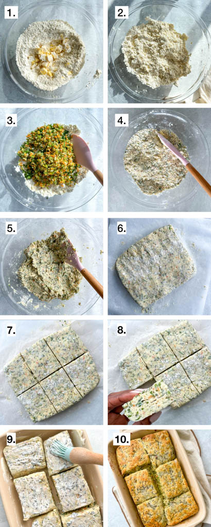a 10 step visual showing how to make stuffing biscuits