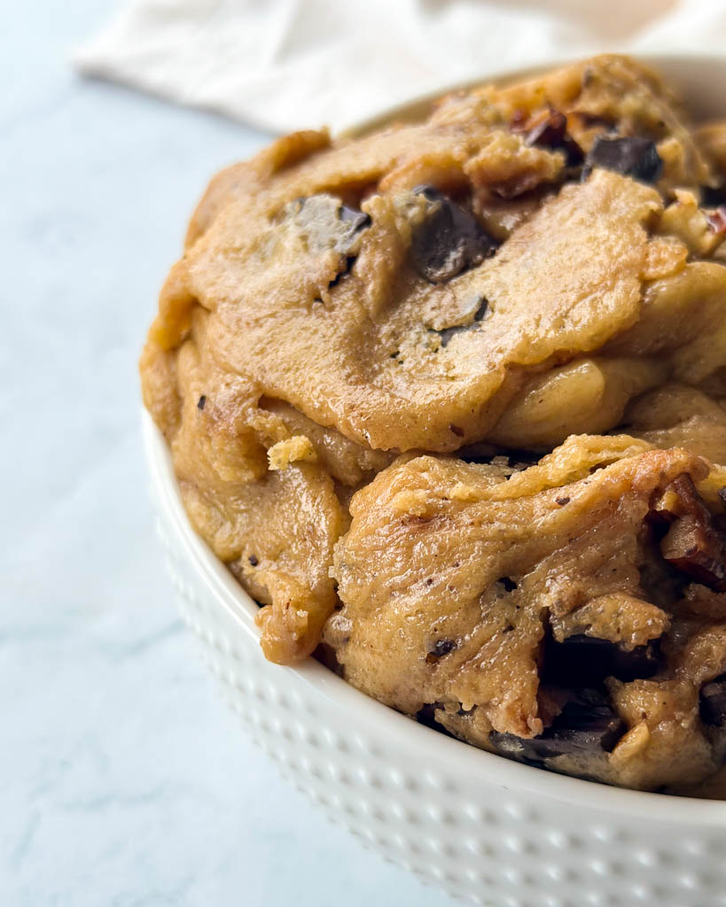 close up view of butter pecan chocolate chip cookie dough