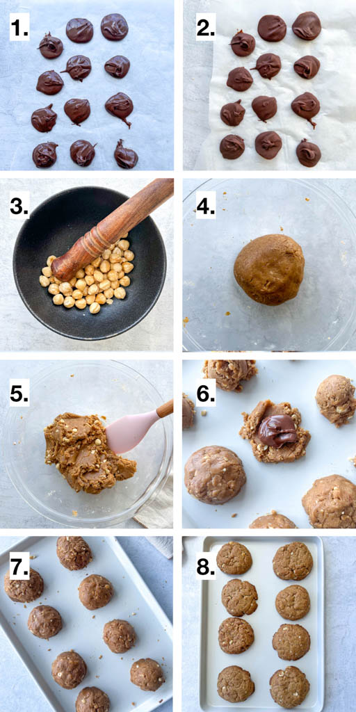 8 step visual showing how to make stuffed nutella cookies