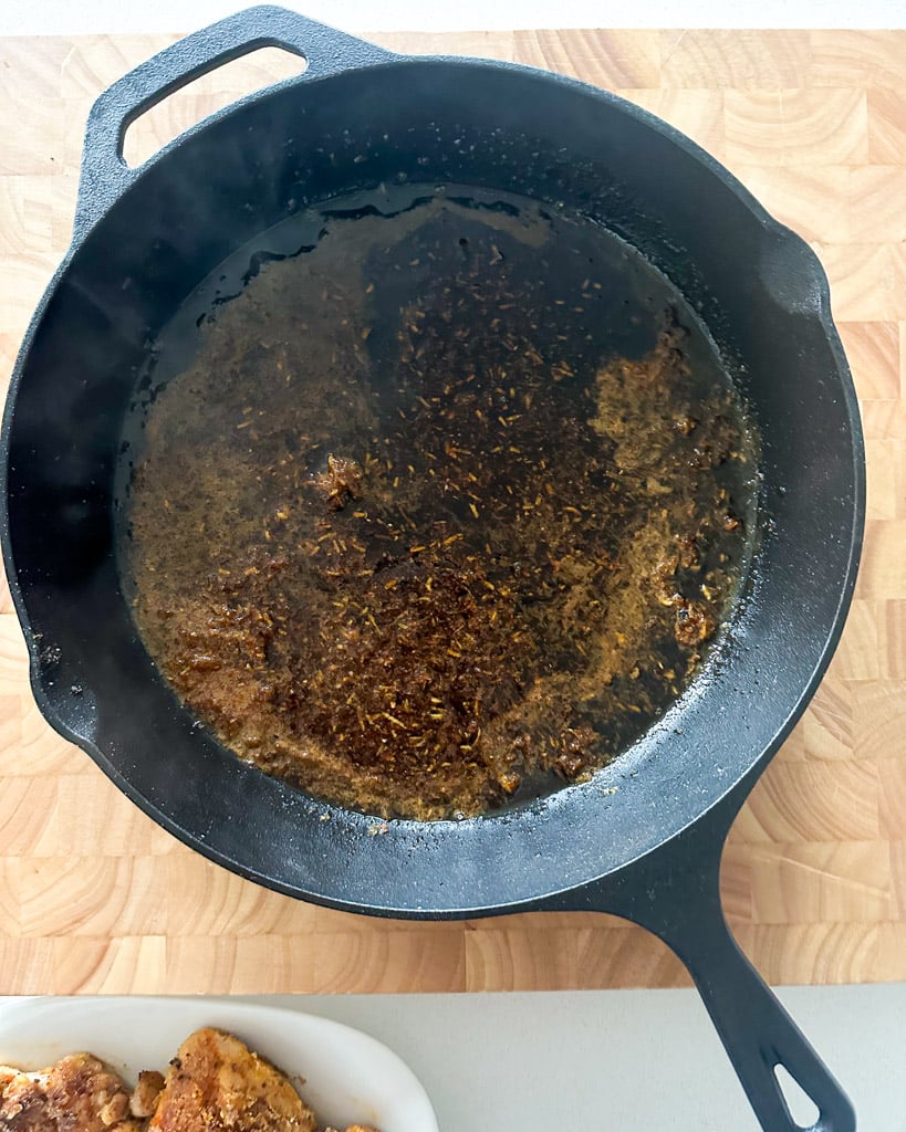 honey ginger sauce in a cast iron skillet