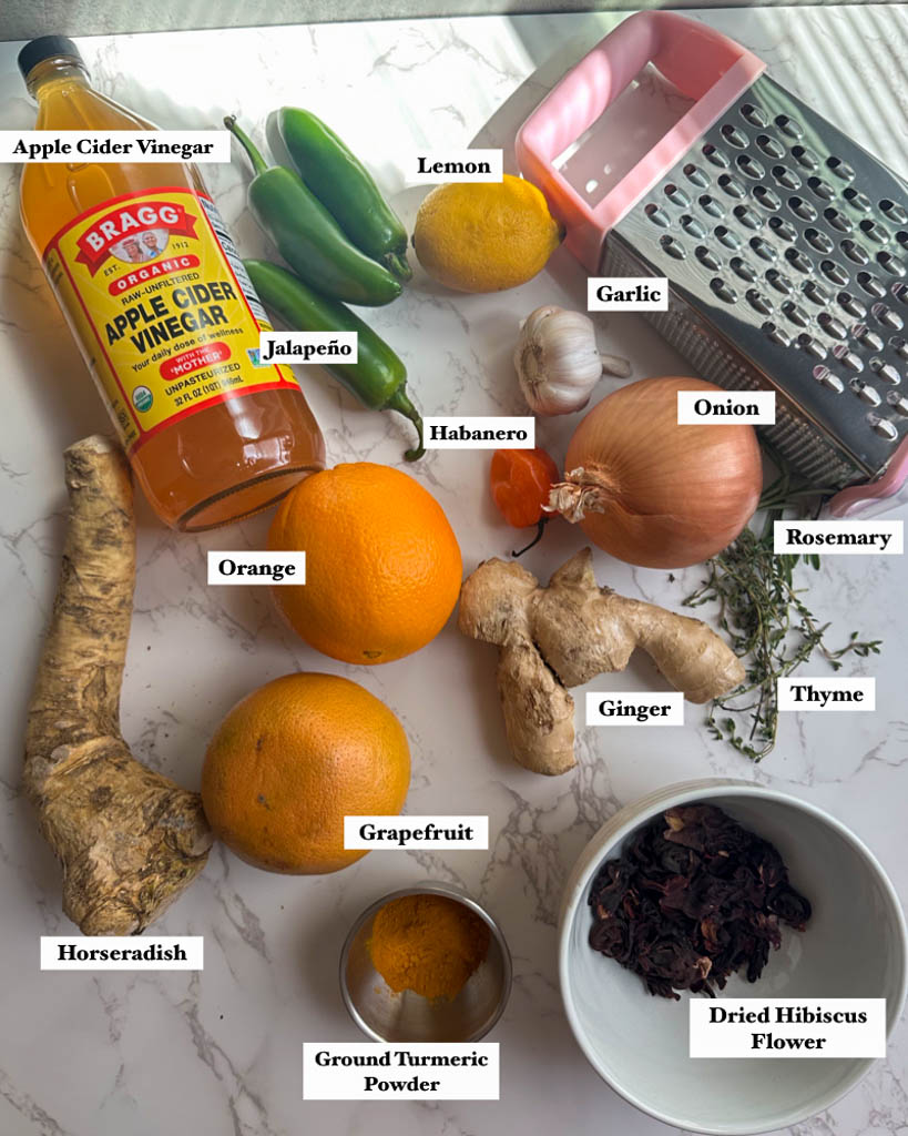 ingredients to make homemade fire cider tonic