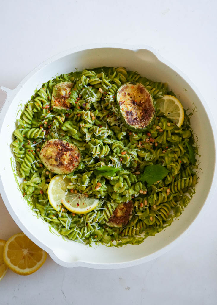 Zucchini pasta in a white skillet