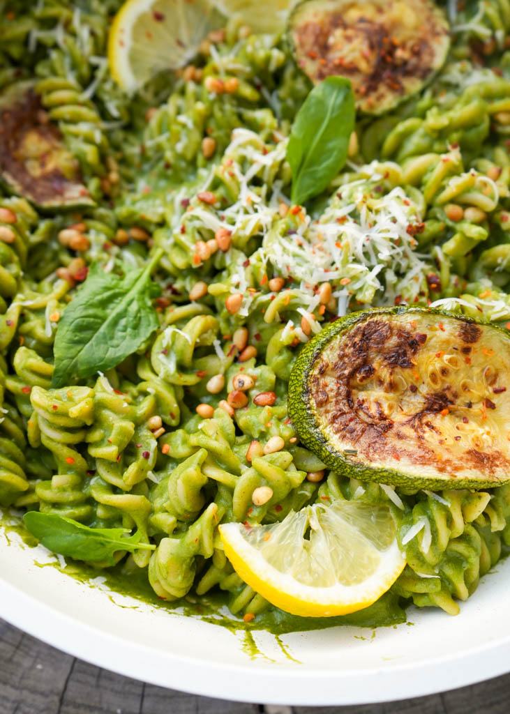 Zucchini sauce pasta in a white skillet