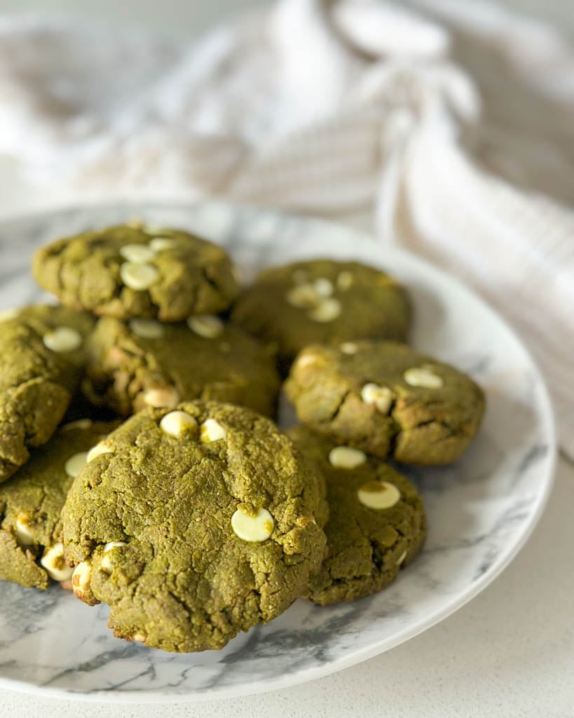 grain free gluten free protein matcha cookies on a plate