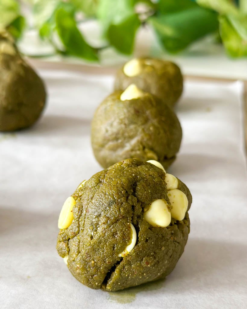 matcha cookie dough balls before baking