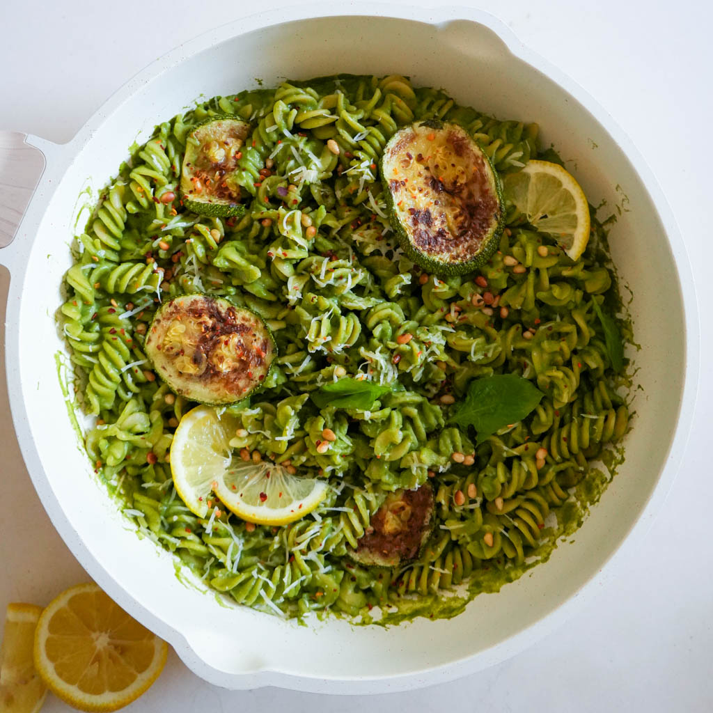 zucchini pasta in a large white pot