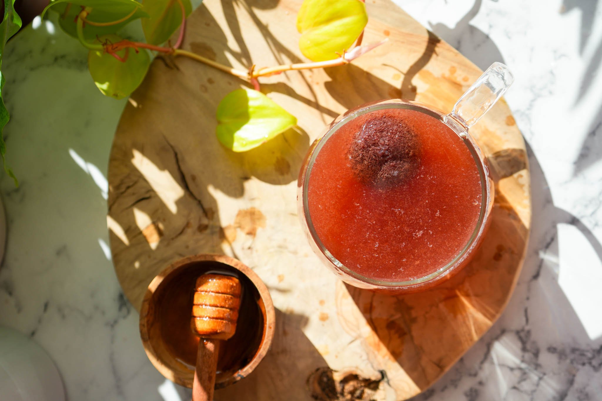 elderberry bomb in a glass mug with woooden hiney comb stick on the side