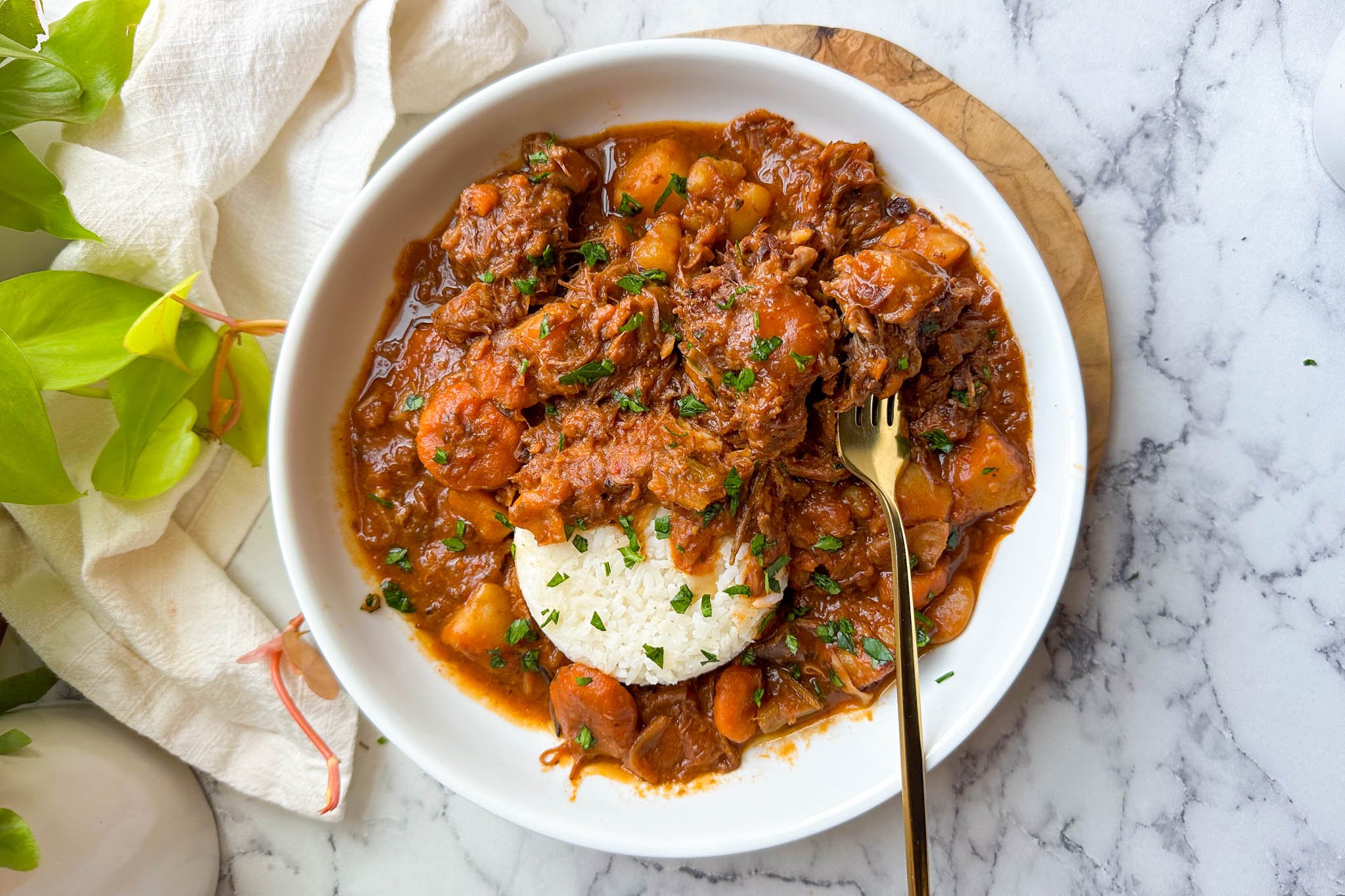 a bowl of oxtail stew with white rice