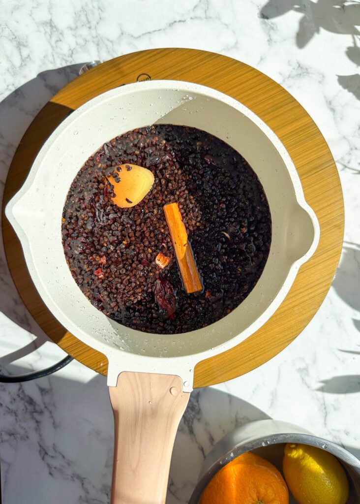 dried elderberry and liquid in a saucepan