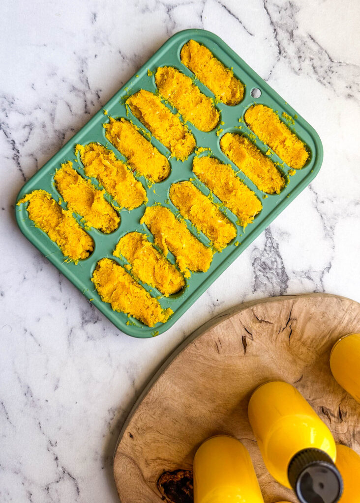 leftover pulp from juice in ice cubes tray