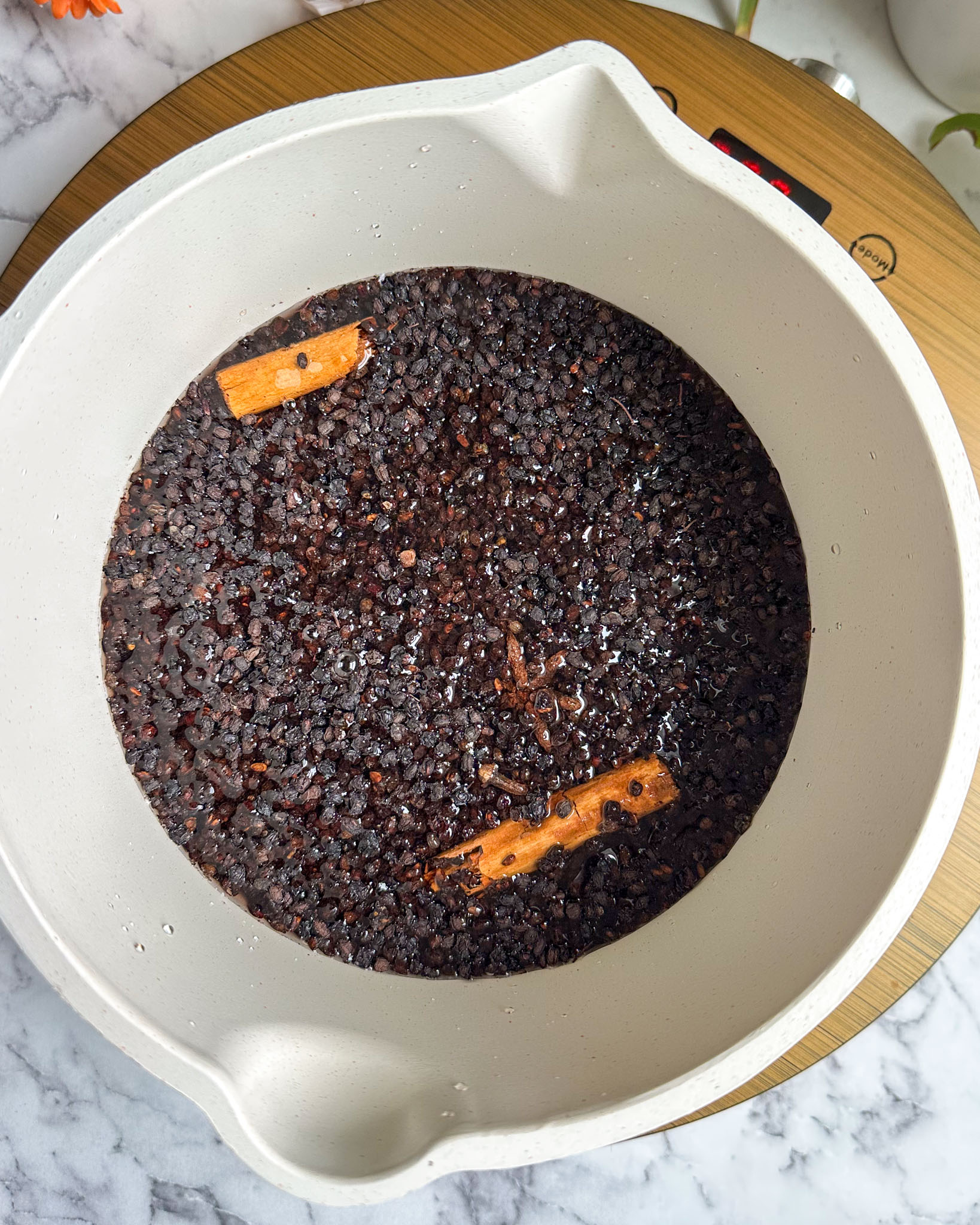 A pot filled with dried elderberries, cinnamon sticks, and water simmering on a stovetop.