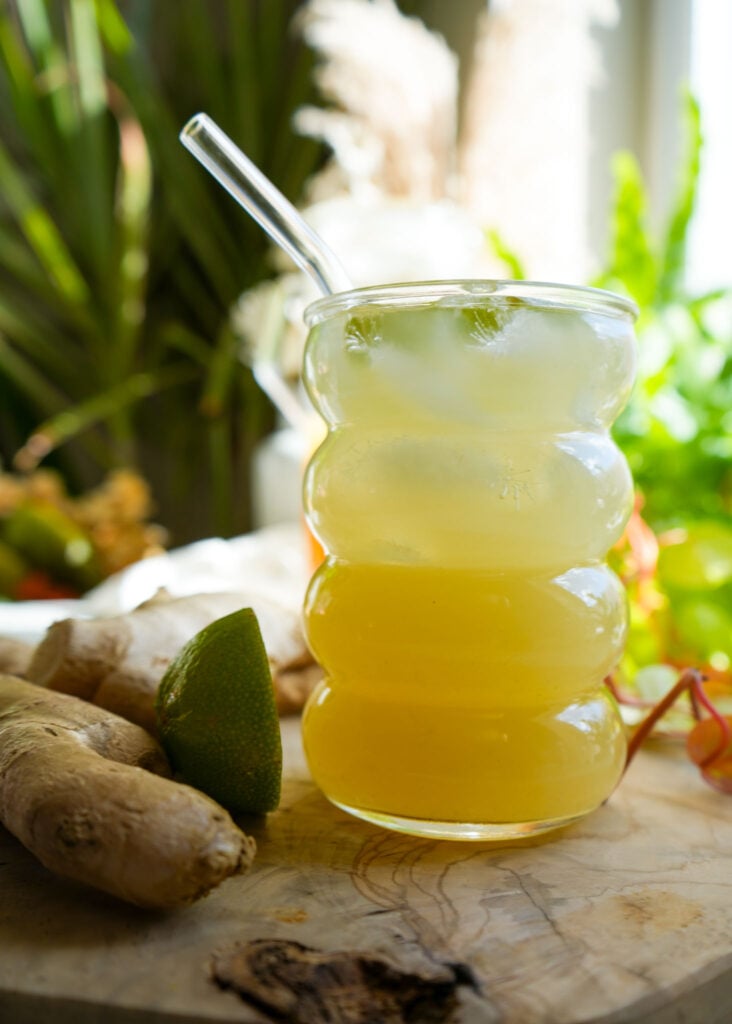 homemade ginger ale in a glass placed on a wooden board