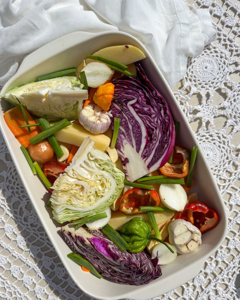 vegetables in a white baking tray for roasted